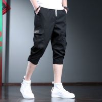 2022 Summer Fashion Cargo Pants Men Baggy Calf-Length Pants Streetwear Casual Pure Cotton Black Drawstring Trousers