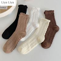 LIYA Hosiery มีระบายสไตล์ฮาราจูกุลายขวางน่ารักแนววินเทจถุงเท้าลูกไม้เกาหลีถุงเท้าผ้าฝ้ายผู้หญิง