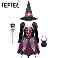 Kid Girls Halloween Witch Costume Sparkly Silver Stars Printed Carnival Cosplay Dress With Pointed Hat Wand Dress Up Clothes