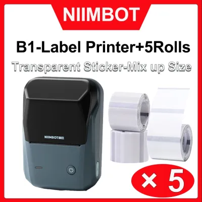 Niimbot เครื่องพิมพ์ฉลาก B1พร้อมเครื่องพิมพ์บลูทูธบาร์โค้ดขนาดเล็กแบบใสชนิดต่างๆ5สติกเกอร์ม้วน B1ม้วนสติกเกอร์