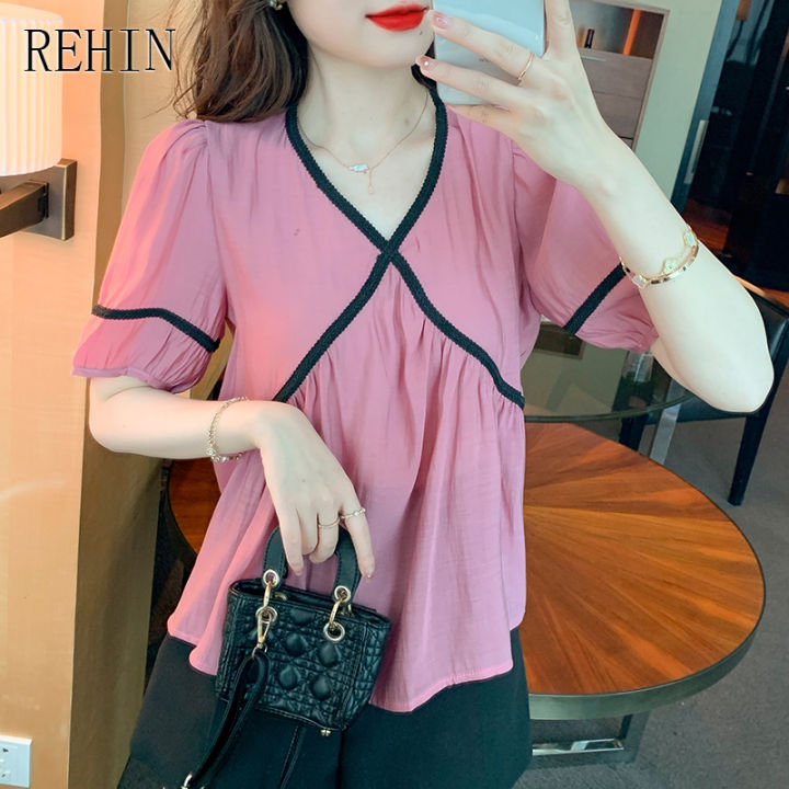 rehin-ผู้หญิงฤดูร้อนใหม่เกาหลีรุ่น-v-คอสี-blocking-แขนสั้นเสื้อ-webbing-patchwork-หลวม-elegant-เสื้อ
