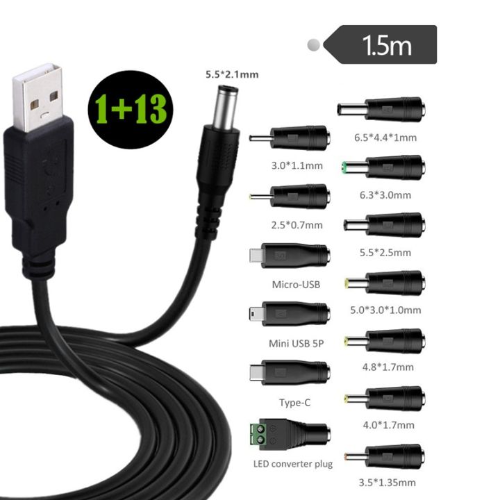 5v-dc-5-5-2-1mm-jack-charging-cable-power-cord-usb-to-dc-power-cable-with-13-interchangeable-plugs-connectors-adapters