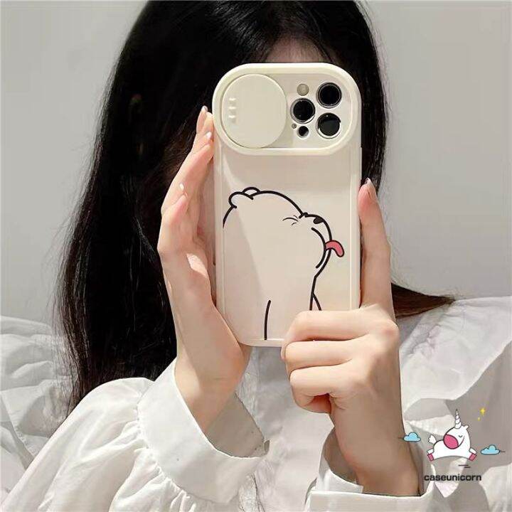 เคสโทรศัพท์ป้องกันเลนส์กล้องหน้าต่างแบบผลักและดึงใช้ได้กับ-iphone-7plus-8-plus-xr-11-13-12-pro-max-7-8-plus-x-xs-max-11-pro-max-cute-น่ารัก-w-e-หมี-bare-bears