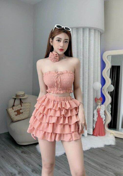 Set áo bo chun croptop mix chân váy xòe tầng vải voan tơ kèm bông ...