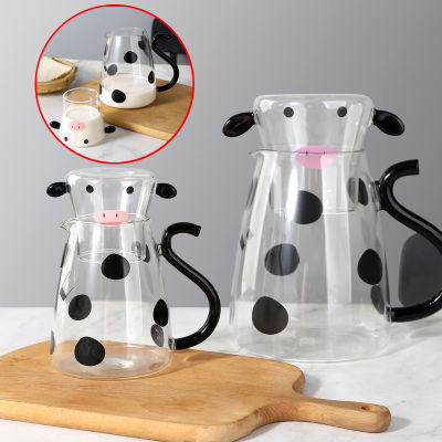 【CW】Cartoon Clear Borosilicate Glass Cup Creative Heatable Kettle Cow Shape Heat-Resistant Flower Tea Pot Water Coffee Milk Cup Set