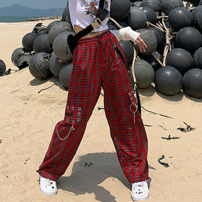 2021QWEEK Checked Trousers Women Japanese Streetwear Punk Cargo Pants Women Hippie Chain Harajuku Indie Y2K Aesthetic Hip Hop