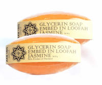 สบู่กลีเซอรีนในใยบวบ สบู่บำรุงผิว สบู่ธรรมชาติผสมสารสกัดผลไม้ กลิ่นมะลิ ( Glycerin Soap in Loofah Jasmine ) Handmade มาตรฐาน GMP 55 กรัม จำนวน 2 ก้อน