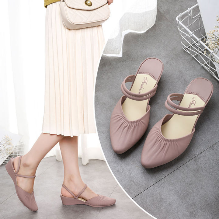 คลังสินค้าพร้อม-wanna-women-jelly-shoes-pointed-soft-wedges-ladies-work-flat-shoes