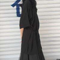 เสื้อเชิ้ตไซส์ใหญ่แบบผูกเชือกยอดนิยมให้ความรู้สึกสีดำสไตล์ญี่ปุ่นทรงหลวมห้าส่วนทรงหลวมออกแบบวิทยาลัยฤดูร้อนแขนเสื้อผู้หญิงสไตล์เท่ๆ