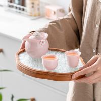 Travel Tea Set Pink Ceramic Gaiwan Teacup Kung Fu Tea Set With Tea Tray Hand-Kneaded Flower Portable Tea Cups Chinese Teaware