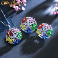 Cwwzircons หลายสี Cubic Z irconia คริสตัลดอกไม้จี้สร้อยคอและต่างหูชุดผู้หญิงแฟชั่นเครื่องแต่งกาย 925 เครื่องประดับเงินสเตอร์ลิง