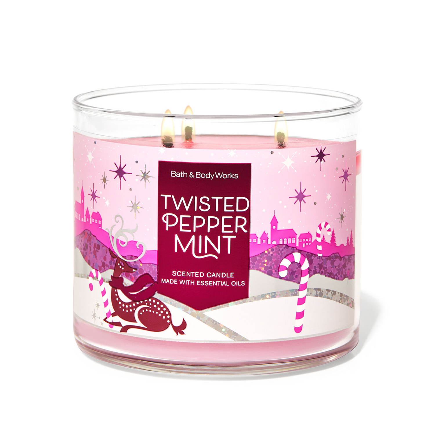 BATH & BODY WORKS TWISTED PEPPERMINT SCENTED CANDLE 3 WICK 14.5 OZ LARGE PINK 
