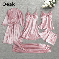 Oeak 5Pcs Women Pajamas Set Silk Satin Sexy Lace Patchwork Wedding Nightwear Home Wear Nighty Robe Suit olj