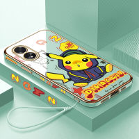 เคสใส่โทรศัพท์สำหรับฟรีสายคล้อง A38 OPPO A18 + การ์ตูน Pikachu น่ารักลายขอบสี่เหลี่ยมชุบเคลือบเคสโทรศัพท์หรูหราชุบเคสโทรศัพท์นิ่ม