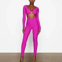 New womens wear tight jumpsuits autumn fashion belt backless long-sleeved connects body pants