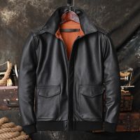 2024 Black Men’s Pilot Jacket A2 Air Force Flight Suit Short Fashion Slim Genuine Leather Motorcycle Winter Cowhide Coat