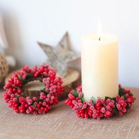 【LZ】❈✎  Christmas Candle Garland Simulated Berry Xmas Wreath Candle Holder Mini Candle Ring for Wedding Party Living Room Dining Table