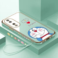 เคสสำหรับ Honor เคสโทรศัพท์90 5G 90 Lite 5G ฟรีสายคล้องน่ารักลายการ์ตูน Doraemn ขอบสี่เหลี่ยมหุ้มเคสโทรศัพท์ชุบหรูหราเคสโทรศัพท์นิ่ม