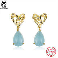 ORSA JEWELS Genuine Natural Pear Shape Aquamarine Dangle Earrings Hammered 925 Silver Handmade Heart Earings for Women GME05