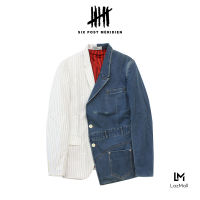 (SIX P.M.)  TWO TONE BLAZER CUTTING WITH BLEACHED DENIM  / เสื้อสูท  ชาย เบลเซอร์ ขาว ตัดต่อ ยีนส์ ฟอก / S19