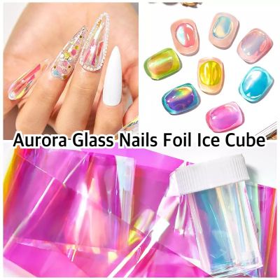 HOT!! ฟอล์ยแก้ว ฟอล์ยออโรล่า Aurora Glass Nails Foil Ice Cube Cellophane For Nails Broken Design Transfer Paper Nail Art Decoration