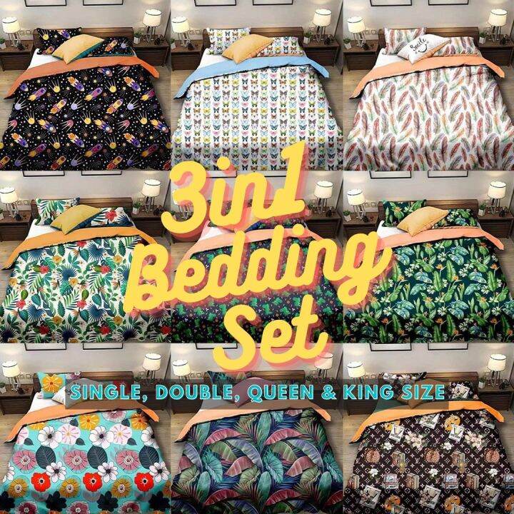 3N1 Fully Garterized Bed Sheet with 2pcs Pillow Cases Per Set, Printed