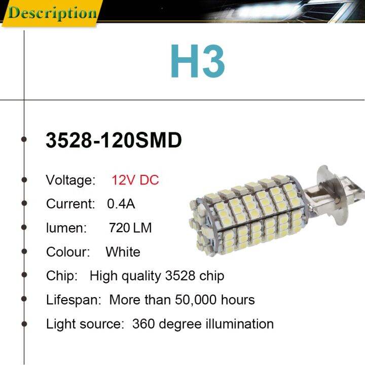 h3โคมไฟสว่างพิเศษ-led-2ชิ้นโคมไฟไฟแอลอีดีตัดหมอก3528-120smd-สีขาว6000k-สำหรับวันรถไฟหน้ารถวิ่งรถยนต์