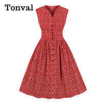 Tonval Women Single Breasted Little Flower High Waist Vintage Pinup Dress Elegant Floral Pleated Summer Casual Cute Dresses