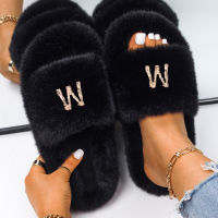 2021Womens Slippers Fluffy Faux Fur Slides Flat White Sandals Slippers Stainless Steel Letter Decor Flip Flops Shoes Wholesale