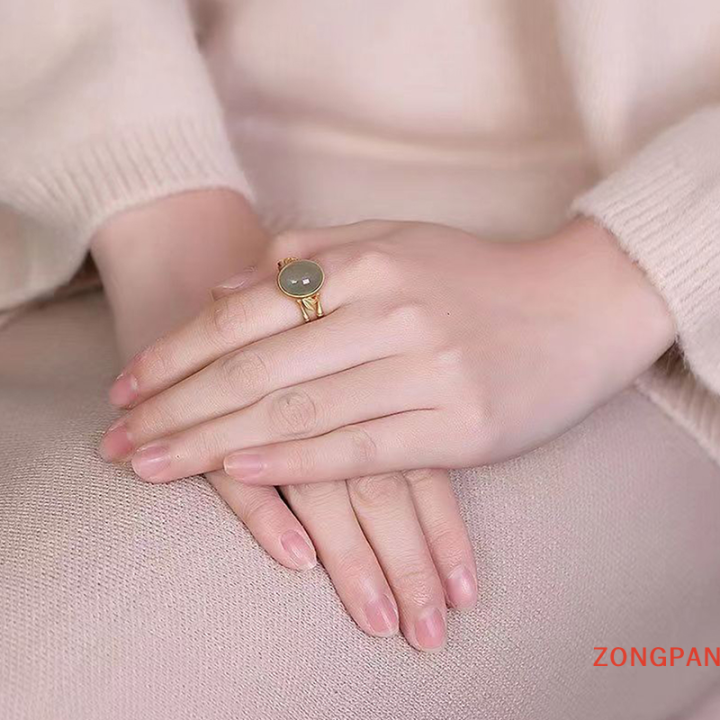 zongpan-แหวนทองโบราณสีเขียวฝังจิวเวลรี่หยกรูปวงรีแหวนไม้ไผ่เปิดปรับได้สุดสร้างสรรค์สำหรับสุภาพสตรีเครื่องประดับคลาสสิกสุดหรู