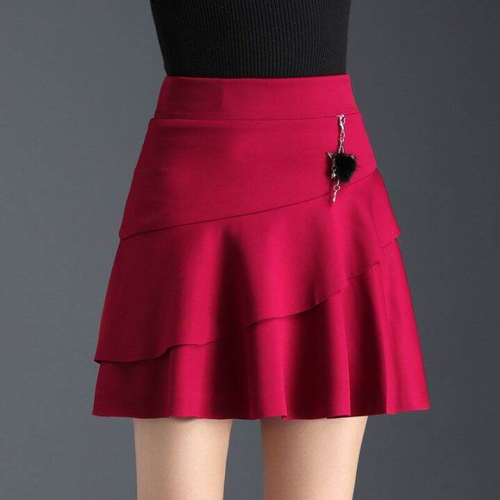 red-korean-style-short-hip-skirt-womens-knitted-skirt-urban-commuter-ol-style-high-waist-ruffled-chic-fishtail-skirt