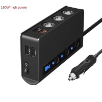 Quick Charge 3.0 Lighter Splitter 12V24V 3-Socket 180W ON-OFF DC Power Car Splitter with 4-Port USB Car Charger