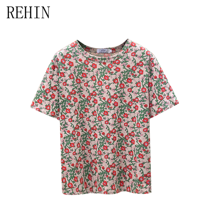 rehin-เสื้อยืดแขนสั้นผู้หญิง-เสื้อผู้หญิงผ้าฝ้ายคอกลมบางทรงหลวมพิมพ์ลายมีสายรัด