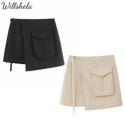 Willshela กระโปรงสั้นผู้หญิงแฟชั่นสำหรับผู้หญิง ROK High Waist สีดำ,กระโปรงสั้นสไตล์ลำลองเก๋ไก๋