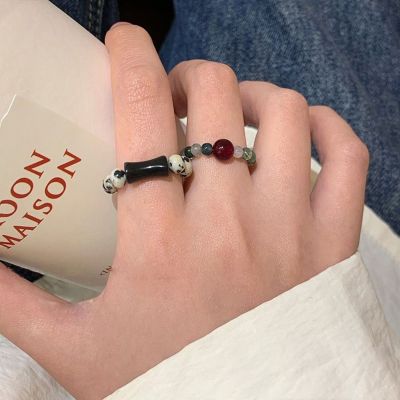 เครื่องประดับแฟชั่นแหวนลูกปัดหินธรรมชาติ JAMIET ทำด้วยมือแหวนไม้ไผ่ประณีตยืดหยุ่นแหวนโบราณของขวัญสาว