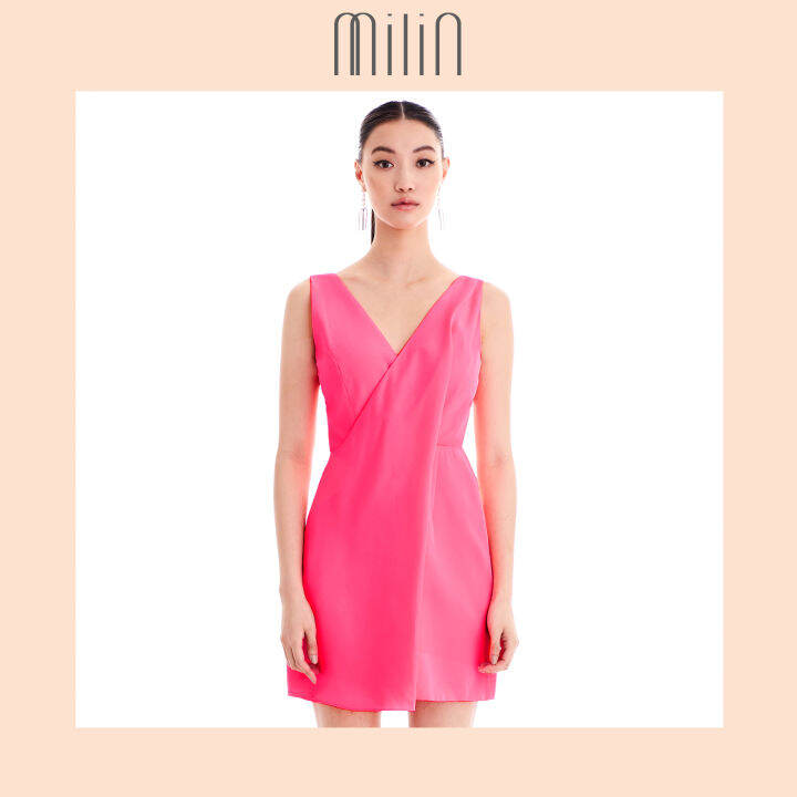 milin-front-drape-detail-polyester-sleeveless-dress-เดรสแขนกุดคอวีจับจีบด้านหน้า-dashing-dress