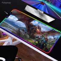 Monster Hunter RGB แผ่นรองเมาส์อุปกรณ์เล่นเกมคอมพิวเตอร์ขนาดใหญ่ M Ousepad Backlit LED Gamer Mause พรม900X400โต๊ะเสื่อ Antislip