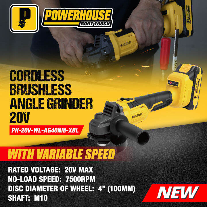 Powerhouse Cordless BRUSHLESS Angle Grinder 20V 7500RPM 2.0 Ah LiIon