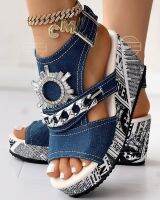 Sandals Womens Newspaper Rhinestone Gear Pattern Slingback Platform Peep Toe Wedges Heeled Sandals Shoes Outdoor Slippers