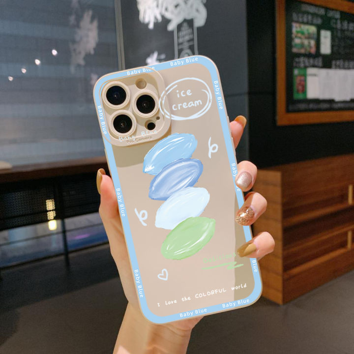 เคสโทรศัพท์ขอบสี่เหลี่ยมไอศกรีมการ์ตูน-iphone-14-plus-13-12-pro-max-11-xr-7-8-se-2020ฝาครอบป้องกันเต็มเลนส์