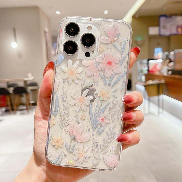 chaunceybi-เคสลายดอกไม้ดาวแวววาวสำหรับ-iphone-14-13-11-x-xr-7-8-plus-se2ฝาครอบ-tpu-เนื้อนิ่มโปร่งใสบางเฉียบ