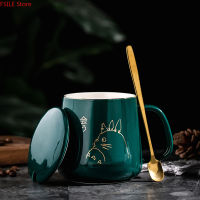 400ml New Product European Style Light Luxury Gold-painted Ceramic Coffee Mug with Lid Spoon Water Cup Cartoon Totoro Mug