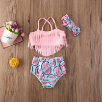 【Cw】new Arrival Baby Girl 3 Pieces Bikini Sets Tassel Sling Crop Tops Watermelon Printed Shorts Headband Swimsuits Outfit