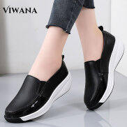 VIWANA Wedges Shoes For Women Korean Style Leather Slip On Shoes Thick