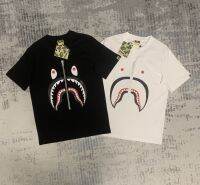 Bape เสื้อยืดผู้ชายและผู้หญิงหัวฉลามพิมพ์ซิปเงินแบรนด์ญี่ปุ่นผ้าฝ้ายบริสุทธิ์แขนสั้น