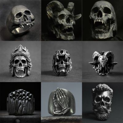 Gothic Punk Satanic Devil Skull Ring Vintage Steampunk Men 39;s Stainless Steel Ring Hiphop Motorcycle Rock Biker Jewelry Wholesale