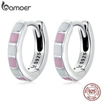 BAMOER 925 Sterling Silver Simple Check Fashion Ear Buckles for Women Light Pink &amp; White Color Hoop Earrings Fine Jewelry Gift