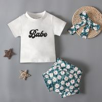 [COD] Childrens European and summer girls letter short-sleeved top floral two-piece childrens ins