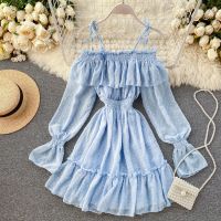 ZCWXM Summer Dress Women Long Sleeve Chiffon Off Shoulder Polka Dot Slip Party Night Sundress Solid Color High Waist Mini Dress