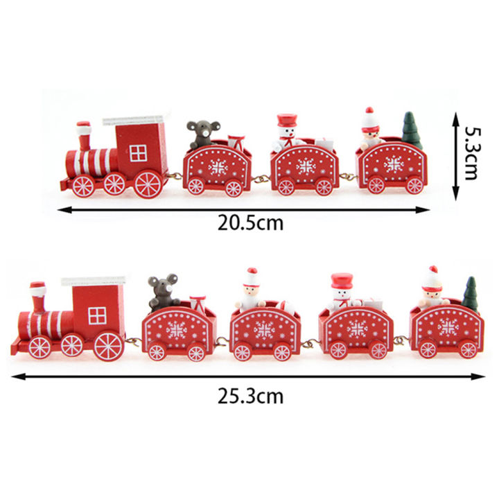 รถไฟตกแต่งขนาดเล็กสำหรับอุปกรณ์ตกแต่งคริสต์มาสอุปกรณ์ตกแต่งทำจากไม้สีคลาสสิกสดใสตารางรถไฟคริสต์มาส